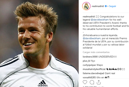Felicitación del RM a Beckham por el Premio Presidente de la UEFA